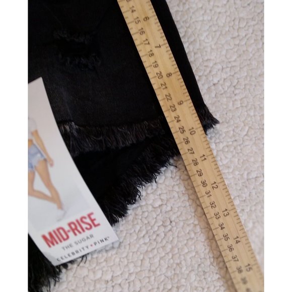 New Celebrity Pink Button Fly Jean Shorts Womens 11 Black MidRise Distress Jeans - Picture 7 of 9